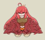  1girl ahoge animal_ears bird_ears bird_legs blush borrowed_character breasts brown_eyes brown_tank_top coco_(eogks) commentary feathered_wings feathers harpy kneeling large_breasts long_hair looking_at_viewer midriff monster_girl navel orange_skirt original red_feathers red_hair red_wings seccharacter simple_background skirt smile solo tank_top very_long_hair winged_arms wings 