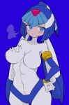  1girl absurdres android blue_eyes blush breasts buzzlyears commentary covered_navel fairy_leviathan_(mega_man) forehead_jewel full-face_blush heavy_breathing helmet highres large_breasts mega_man_(series) mega_man_zero_(series) sigh solo tearing_up topless 