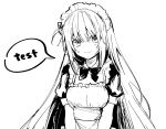  1girl alternate_costume apron bocchi_the_rock! bow bowtie closed_mouth cube_hair_ornament dress enmaided frilled_apron frilled_hairband frills gotoh_hitori greyscale hair_ornament hairband long_hair looking_at_viewer maid maid_apron maid_headdress meijin_kusano monochrome nervous puffy_short_sleeves puffy_sleeves short_sleeves solo speech_bubble sweat upper_body very_long_hair 
