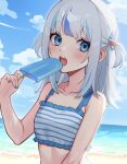  1girl beach bikini blue_bikini blue_hair blue_nails blue_sky blush cloud collarbone day food gawr_gura helga_(_hlg67) highres holding holding_food holding_popsicle hololive hololive_english long_hair looking_at_viewer multicolored_bikini multicolored_clothes multicolored_hair ocean open_mouth outdoors popsicle sharp_teeth sky solo striped_bikini striped_clothes swimsuit teeth upper_body upper_teeth_only virtual_youtuber white_bikini white_hair 