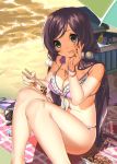 beach blush chopsticks food highres ice_box itohana long_hair looking_at_viewer love_live! love_live!_school_idol_project low-tied_long_hair nattou parasol sand sandals sandals_removed swimsuit tongue tongue_out toujou_nozomi umbrella water 