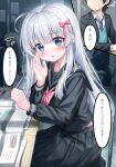  1boy 1girl absurdres ahoge blurry blurry_background blush book breasts chair commentary_request desk faceless faceless_male grey_hair highres long_hair looking_at_viewer mashiro_fuuna open_mouth original pen pov ribbon school_desk school_uniform sitting small_breasts solo_focus translation_request tyutaka0427 