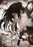  1boy amputee bandages black_hair blood blood_on_face determined dororo_(tezuka) hair_between_eyes highres hyakkimaru_(dororo) japanese_clothes kimono long_hair off_shoulder ponytail prosthesis red_eyes solo sword toi8 torn_clothes weapon 