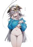  1girl animal_ears animal_print ass_visible_through_thighs bikini blue_eyes blush breasts bukurote cleavage clothes_lift cow_ears cow_horns cow_print crying crying_with_eyes_open flying_sweatdrops grey_hair hair_between_eyes highres hood hood_down hoodie hoodie_lift horns lactation lactation_through_clothes large_breasts lifted_by_self long_hair long_sleeves mask mask_on_head original parted_lips simple_background sleep_mask solo swimsuit tears very_long_hair white_background 