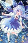  1girl :d ahoge arm_ribbon black_footwear blue_bow blue_dress blue_eyes blue_hair blurry blurry_background blush bow cirno collared_shirt colored_eyelashes commentary crossed_bangs detached_wings dress foot_out_of_frame full_body full_moon hair_between_eyes hair_bow happy highres ice ice_wings long_ribbon looking_at_viewer mary_janes moon neck_ribbon night open_mouth outdoors outstretched_arms puffy_short_sleeves puffy_sleeves red_ribbon ribbon rouge_(my_rouge) shirt shoes short_hair short_sleeves smile socks solo sparkle standing standing_on_one_leg touhou water water_drop white_shirt white_socks wings 