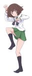  1girl akiyama_yukari arm_up black_socks brown_eyes camouflage camouflage_panties commentary_request girls_und_panzer green_panties green_skirt hand_up hazuki_haru highres knee_up long_sleeves looking_at_viewer no_shoes ooarai_school_uniform panties pantyshot parted_lips pleated_skirt school_uniform shirt simple_background skirt socks solo standing standing_on_one_leg underwear white_background white_shirt 