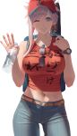 1girl asymmetrical_hair backpack bag bangs bare_shoulders baseball_cap belt blue_eyes bottle breasts clothes_writing collarbone denim earrings fate/grand_order fate_(series) grin hat heroic_spirit_traveling_outfit highres jeans jewelry large_breasts long_hair looking_at_viewer midriff miyamoto_musashi_(fate/grand_order) navel one_eye_closed pants pink_hair ponytail red_headwear red_tank_top sidelighting simple_background smile solo sunglasses swept_bangs takehisa_tomoe watch water_bottle waving white_background wristwatch 