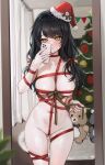  1girl areola_slip ass_visible_through_thighs between_breasts black_hair breasts cellphone christmas christmas_tree cleavage closed_mouth commission cowboy_shot elsword eve_(2nas)_(elsword) eve_(elsword) expressionless facial_mark fur-trimmed_headwear fur_trim gompang_11 hair_over_shoulder hair_ribbon hand_up hat highres holding holding_phone indoors large_breasts leg_ribbon long_hair looking_at_viewer low_twintails mirror naked_ribbon navel partially_visible_vulva phone red_headwear red_ribbon ribbon santa_hat second-party_source skindentation smartphone solo standing stuffed_animal stuffed_toy sweat taking_picture teddy_bear twintails yellow_eyes 