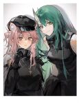  2girls animal_ear_fluff animal_ears arknights armor bare_shoulders black_gloves black_headwear black_sweater blush border breastplate breasts bright_pupils cape chinese_commentary closed_mouth commentary_request crossed_bangs expressionless gloves gravel_(arknights) green_hair grey_background grey_horns hair_between_eyes hand_up hat heads_together highres horns hoshiguma_(arknights) jewelry leaning leaning_to_the_side long_hair long_sleeves looking_at_viewer medium_breasts messy_hair military_uniform multiple_girls necklace parted_lips pink_eyes pink_hair sia_di_gou skin-covered_horns sleeveless sleeveless_sweater smile sweater turtleneck turtleneck_sweater uniform upper_body white_border white_cape white_pupils yellow_eyes 