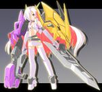  1girl belt black_choker bra breasts chicago-x choker cleavage commentary_request cropped_vest digimon facial_mark full_body gloves hair_over_one_eye holding holding_cannon holding_sword holding_weapon horns infinite_stratos long_hair looking_at_viewer mecha_musume miniskirt multicolored_hair omegamon personification red_eyes red_hair skirt small_breasts solo sword thighhighs underwear vest weapon white_bra white_gloves white_hair white_skirt white_thighhighs white_vest 