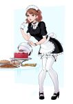  1girl apron black_choker black_dress black_footwear blush border brown_eyes brown_hair cake choker collared_shirt commentary cookie doughnut dress earrings english_commentary food frilled_skirt frills full_body gloves hairband high_heels highres holding jewelry looking_at_viewer maid maid_apron maid_headdress medium_hair omniformblue open_mouth outside_border pearl_earrings persona persona_3 shirt shoes short_sleeves single_glove skirt solo standing stud_earrings sweatdrop swept_bangs takeba_yukari tart_(food) thighhighs white_apron white_border white_gloves white_hairband white_thighhighs wrist_cuffs zettai_ryouiki 