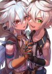  2boys absurdres bennett_(genshin_impact) bishounen black_gloves cowboy_shot genshin_impact gloves green_eyes grey_hair highres holding_hands long_hair looking_at_viewer male_focus multiple_boys one_eye_closed orange_gloves razor_(genshin_impact) red_eyes scar scar_on_face short_hair simple_background white_background white_hair ylang2chamomile 