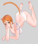  1girl animal_ears bare_arms bare_legs bare_shoulders barefoot bell bra breasts cat_ears cat_tail choker closed_mouth collarbone commentary elbow_rest feet feet_up full_body grey_background hair_behind_ear head_rest highres jingle_bell large_breasts light_blush lips looking_at_viewer nami_(one_piece) neck_bell one_piece orange_eyes orange_hair panties pink_lips short_hair shoulder_tattoo single_sidelock smile solo tail tattoo toes underwear uukkaa white_bra white_choker white_panties 