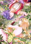  1boy 1girl artist_name backless_outfit bare_shoulders blonde_hair blue_eyes breasts closed_eyes dress eiria0228 fingerless_gloves flower forehead_jewel gloves grass green_dress hawkeye_(seiken_densetsu_3) highres holding_hands long_hair low-tied_long_hair medium_breasts purple_hair red_tunic riesz seiken_densetsu seiken_densetsu_3 smile 