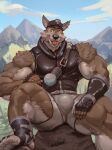 anthro big_muscles bottomwear bulge canid canine canis clothed clothing digital_media_(artwork) epic_games fortnite fully_clothed fur headgear hi_res male mammal muscular muscular_anthro muscular_male oldshep pants pecs smile solo tongue topwear wendell_(fortnite) wolf