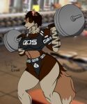 animal_ears animal_nose anthro armband arms_above_head artist_name athletic bangs barbell big_breasts black_bra black_clothing black_sports_bra black_underwear blur_(disambiguation) blurred_background body_fur bottomwear bra breasts brown_body brown_fur brown_hair canid canine canis claws cleavage clothed clothes_writing clothing dark_body dark_skin dog_ears dog_tail ear_piercing ear_ring exercise eyes_closed feet_out_of_frame female from_side fur furry gym hair hair_over_eyes hi_res holding_(disambiguation) hybrid inside jewelry mammal medium_breasts midriff mika_elendil mikafluffynsfw mikathefluffywolf mouth_closed multicolored_body multicolored_fur multicolored_hair multiple_earrings muscular muscular_female navel organs photo_background photography_(artwork) piercing profile ring_piercing short_hair shorts snout solo sports_bra sportswear standing stomach stripes tail thick_thighs thighs two_tone_body two_tone_fur underwear watermark weightlifting white_body white_fur wide_hips wolf wolf_ears wolf_girl wolf_tail wolfzebra workout zebrawolf