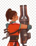  1girl absurdres animification apex_legends blush brown_eyes brown_hair dark-skinned_female dark_skin earrings elbow_pads from_side gatling_gun gun hair_behind_ear highres hugging_object jewelry jumpsuit minigun orange_jumpsuit polka_dot polka_dot_background rampart_(apex_legends) red_lips ritomidi sheila_(minigun) side_ponytail smile solo weapon 