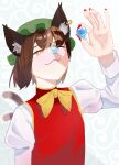  1girl absurdres animal_ears balancing_on_nose bob_cut bow bowtie brown_hair cat_ears cat_girl cat_tail chen closed_mouth frilled_hat frills green_headwear hand_up hat highres holding holding_toy juliet_sleeves long_sleeves looking_up marble_(toy) mob_cap multiple_tails one_eye_closed orange_eyes partially_shaded_face puffy_sleeves red_nails red_vest s_u_d shirt short_hair slit_pupils solo spiral_background standing tail tail_raised touhou toy two_tails upper_body vest wavy_mouth white_shirt yellow_bow yellow_bowtie 