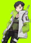  1boy absurdres animification apex_legends belt black_belt black_hair black_pants black_shirt crypto_(apex_legends) green_background green_eyes green_pants green_vest grey_jacket hands_in_pockets highres jacket jewelry kansaibito leaning_back looking_at_viewer male_focus necklace open_mouth pants shirt short_hair solo vest 
