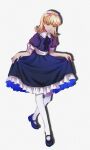  1girl absurdres alice_(megami_tensei) blonde_hair blue_dress blue_ribbon curtsey dress frilled_dress frills full_body hairband highres looking_at_viewer machihazure mary_janes medium_hair neck_ribbon pantyhose puffy_short_sleeves puffy_sleeves ribbon shin_megami_tensei shoes short_sleeves simple_background smile solo white_background white_pantyhose yellow_eyes 