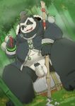  2019 96panda 96panda_hk absurd_res anthro balls belly black_fur blizzard_entertainment clothing cum drooling flaccid fur hi_res humanoid_penis male mammal navel one_eye_closed overweight overweight_male pandaren penis saliva shirt sitting solo tongue tongue_out topwear ursid video_games warcraft white_fur wink 