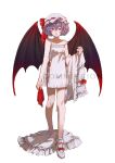  1girl bare_shoulders blue_hair bobby_socks bow breasts commission demon_wings dress expressionless footwear_bow full_body hat highres holding holding_clothes looking_at_viewer machihazure mary_janes mob_cap nightgown red_eyes remilia_scarlet shoes short_hair simple_background small_breasts socks solo strap_slip touhou unworn_dress white_background white_nightgown wings 