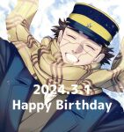  1boy birthday closed_eyes from_above golden_kamuy happy_birthday hat highres ikeine_2gf kepi lying male_focus military_hat on_back on_ground scar scar_on_cheek scar_on_face scar_on_nose short_hair snow solo sugimoto_saichi upper_body 