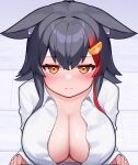  1girl animal_ears black_hair blush breasts cleavage collared_shirt cum deaver facial hair_ornament hairclip highres hololive large_breasts looking_at_viewer multicolored_hair ookami_mio open_mouth orange_eyes red_hair shirt solo streaked_hair upper_body virtual_youtuber white_shirt wolf_ears wolf_girl 