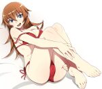  1girl bikini blue_eyes blush breasts brown_hair cameltoe charlotte_e._yeager cleavage crotch long_hair looking_at_viewer lying nanashino on_back open_mouth red_bikini side-tie_bikini_bottom smile solo strike_witches swimsuit world_witches_series 