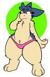  2019 anthro blue_fur clothed clothing digitigrade ember_the_typhlosion female flat_chested front_view full-length_portrait fur green_background hi_res mammal nintendo panties pink_clothing pink_panties pink_underwear pok&eacute;mon pok&eacute;mon_(species) portrait red_eyes simple_background smile solo standing tan_fur toes topless trout_(artist) typhlosion underwear video_games 