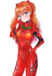  1girl :3 bangs blue_eyes blush bodysuit breasts brown_hair closed_mouth commentary_request cowboy_shot eyebrows_visible_through_hair hair_between_eyes hand_on_hip hand_up highres kubong long_hair looking_at_viewer neon_genesis_evangelion pilot_suit plugsuit red_bodysuit simple_background small_breasts solo souryuu_asuka_langley standing two_side_up white_background 