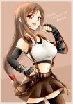  1girl absurdres bare_shoulders belt black_gloves black_skirt black_thighhighs breasts brown_hair eiria0228 elbow_gloves elbow_pads final_fantasy final_fantasy_vii final_fantasy_vii_rebirth final_fantasy_vii_remake fingerless_gloves gloves highres large_breasts long_hair low-tied_long_hair midriff miniskirt navel open_mouth pleated_skirt red_eyes single_elbow_pad skirt smile solo suspenders tank_top thighhighs tifa_lockhart zettai_ryouiki 