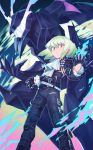  1boy black_gloves black_jacket blonde_hair cravat earrings gloves green_hair half_gloves highres jacket jewelry july_(shichigatsu) lio_fotia male_focus promare purple_eyes solo 