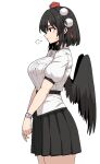  1girl belt bird_wings black_belt black_hair black_skirt black_wings breasts closed_mouth cowboy_shot feathered_wings formicid from_side hat large_breasts miniskirt pleated_skirt pom_pom_(clothes) red_eyes shameimaru_aya shirt short_hair skirt solo sweatdrop tassel thighs tokin_hat touhou watch white_shirt wings wristwatch 
