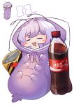  1girl absurdres antennae bag blush_stickers borrowed_character chips_(food) closed_eyes coca-cola commentary crumbs food food_on_face highres nn_(eogks) open_mouth original pillow plastic_bag purple_hair reference_inset sleeping sleeping_bag soda_bottle solo white_background zzz 