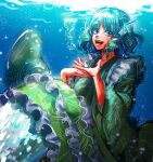  1girl :d absurdres blue_eyes blue_hair commentary_request drill_hair drill_sidelocks fins frilled_kimono frills green_kimono head_fins highres japanese_clothes kimono korean_commentary kuya_(hey36253625) looking_at_viewer mermaid monster_girl open_mouth short_hair sidelocks smile solo touhou underwater wakasagihime 