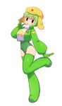  1girl bad_id bad_pixiv_id batrobin_k black_eyes blush boots breasts full_body gloves green_footwear green_gloves green_hair highres kemono_friends keroro keroro_(kemono_friends) keroro_gunsou large_breasts looking_at_viewer open_mouth personification short_hair simple_background smile solo thigh_boots v white_background 