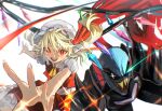  2girls absurdres ascot blonde_hair cowboy_shot crystal_wings fins fish_girl flandre_scarlet frills glowing glowing_eye head_fins highres looking_at_viewer medium_hair multiple_girls open_mouth red_eyes sharp_teeth side_ponytail simple_background teeth touhou touhou_danmaku_kagura tsumayouji_(tsumayoooooji12) undertale undyne undyne_the_undying upper_teeth_only white_background yellow_ascot 