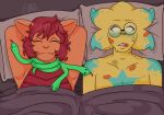 after_sex after_sex_sleeping alien alien_humanoid anthro armadillo bed bedding bedroom bite bite_mark blanket blue blush blush_lines bodily_fluids brown_hair chest_markings dina_(undertale_yellow) duo ears_back empty_eyes ethereal_karma eyes_closed fangame female feral flustered flustered_male forked_tongue furniture green_body green_skin hair happy hickey humanoid kiss_mark male male/female mammal markings neck_bite pecs pillow pivoted_ears post_nut_clarity reptile scales scalie shapes shell shirtless_male shocked sleeping snake starlo_(undertale_yellow) sweat sweatdrop tongue under_covers undertale undertale_(series) undertale_yellow undressed xenarthran yellow_body