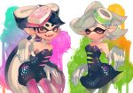  2girls bare_arms bare_shoulders black_dress black_hair black_jumpsuit bow-shaped_hair breasts callie_(splatoon) cocktail_dress collarbone cousins detached_collar dress earrings fangs food food_on_head gloves gradient_hair green_pantyhose grey_hair highres hoop_earrings inkling jewelry jumpsuit long_hair marie_(splatoon) mole mole_under_eye multicolored_hair multiple_girls object_on_head pantyhose pink_pantyhose pointy_ears short_dress short_jumpsuit short_ponytail small_breasts splatoon_(series) squid_girl ss08ro1 strapless strapless_dress sushi swept_bangs tentacle_hair thick_eyebrows twintails white_gloves yellow_eyes 