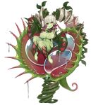  arm_up breasts character_name character_profile colored_skin curly_hair detached_sleeves feet flower green_hair green_skin grin hair_ornament hands_up highres kenkou_cross large_breasts leaf leaf_hair_ornament liquid long_hair looking_to_the_side man-eater_(claustrophyte)_(monster_girl_ensyclopedia) monster_girl monster_girl_encyclopedia multicolored_hair nude pink_flower plant pointy_ears purple_eyes sharp_teeth smile spikes teeth twintails venus_flytrap white_background white_hair 