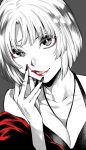  1girl bare_shoulders between_breasts bob_cut breasts cleavage close-up collarbone halterneck hand_up highres iro_marimo limited_palette lipstick looking_at_viewer makeup nail_polish necklace_between_breasts original parted_lips red_lips short_hair slit_pupils smeared_lipstick solo spot_color teeth upper_body wiping_mouth 