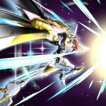  absurdres arm_blade blue_eyes cape commentary_request digimon digimon_adventure:_(2020) extra_eyes extra_mouth galaxy glowing glowing_eyes glowing_horns highres horns manchi_kansuke mecha no_humans omegamon_alter-s robot slashing spikes torn_cape torn_clothes twitter_username weapon 