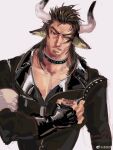  1boy animal_ears arknights bara brown_eyes brown_hair cow_boy cow_ears cow_horns highres horns kotei_haijin male_focus matterhorn_(arknights) medium_hair muscular muscular_male nipple_slip nipples partially_unzipped pectoral_cleavage pectorals solo sweat thick_eyebrows unfinished upper_body zipper 