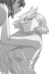  2girls absurdres bare_arms camisole closed_mouth commentary_request greyscale gundam gundam_suisei_no_majo hand_on_another&#039;s_shoulder highres korean_commentary long_hair looking_at_viewer miorine_rembran monochrome multiple_girls smile snapagi suletta_mercury upper_body yuri 