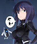  1girl alice_gear_aegis bangs bodysuit breasts commentary_request looking_at_viewer ohtori_kasumi open_mouth purple_eyes purple_hair robot shimada_fumikane solo sweat sweatdrop 