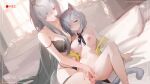  animal_ears arknights bra cat_ears cat_girl cat_tail censored delphine_(arknights) drive_shot grey_hair hair_over_one_eye highres lace-trimmed_bra lace_trim long_hair medium_hair mosaic_censoring mother_and_daughter nail_polish no_bra no_panties off_shoulder on_bed open_clothes open_shirt pussy pussy_juice sitting smile spread_by_another spread_pussy strap_slip tail underwear underwear_only yellow_eyes 
