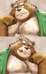  2019 anthro belly blush brown_fur canid canine clothing fur gyobu kotobuki male mammal moobs nipples overweight overweight_male raccoon_dog robe scar solo sweat tanuki tokyo_afterschool_summoners tongue tongue_out video_games 