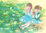  2girls :p black_footwear black_hair blue_dress blue_skirt bow box braid bubble_tea bug butterfly dappled_sunlight day doughnut dress eating field flower flower_field food grass hair_bow hair_over_shoulder highres holding holding_food inoue_haruka_(haruharu210) long_dress long_sleeves multiple_girls nature original outdoors pink_bow ponytail shoes sitting skirt smile socks sunlight tongue tongue_out vest yellow_bow 