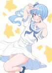  1girl :d blue_footwear blue_hair blue_neckerchief blue_ribbon blue_sailor_collar blush dutch_angle finger_frame foot_out_of_frame foot_up grin hair_ribbon hands_up highres holohoneygaoka_high_school_uniform hololive honeyworks hoshimachi_suisei hoshimachi_suisei_(school_uniform) long_hair looking_at_viewer miniskirt nanaomi_(ryniix) neckerchief official_alternate_costume open_mouth pleated_skirt purple_eyes ribbon sailor_collar school_uniform serafuku shirt shoes short_sleeves side_ponytail simple_background skirt smile socks solo star_(symbol) teeth thighs virtual_youtuber white_background white_serafuku white_shirt white_skirt white_socks 